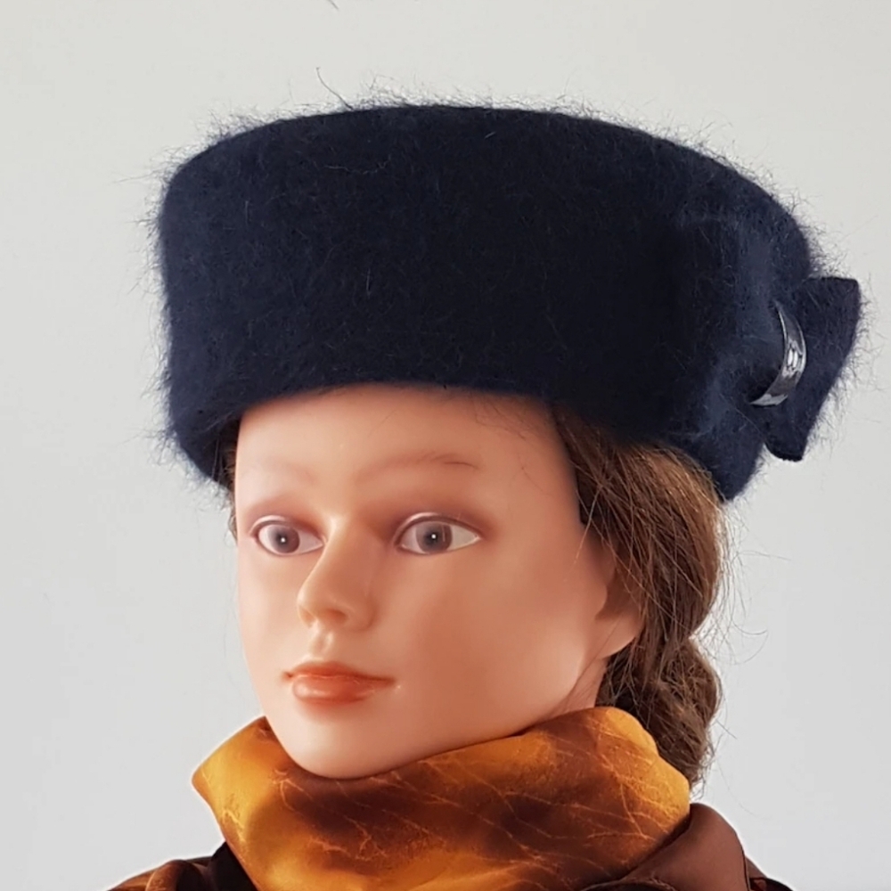 Vintage Angora Hat: Navy Blue Bow, Made in Italy (20.5"/52cm)